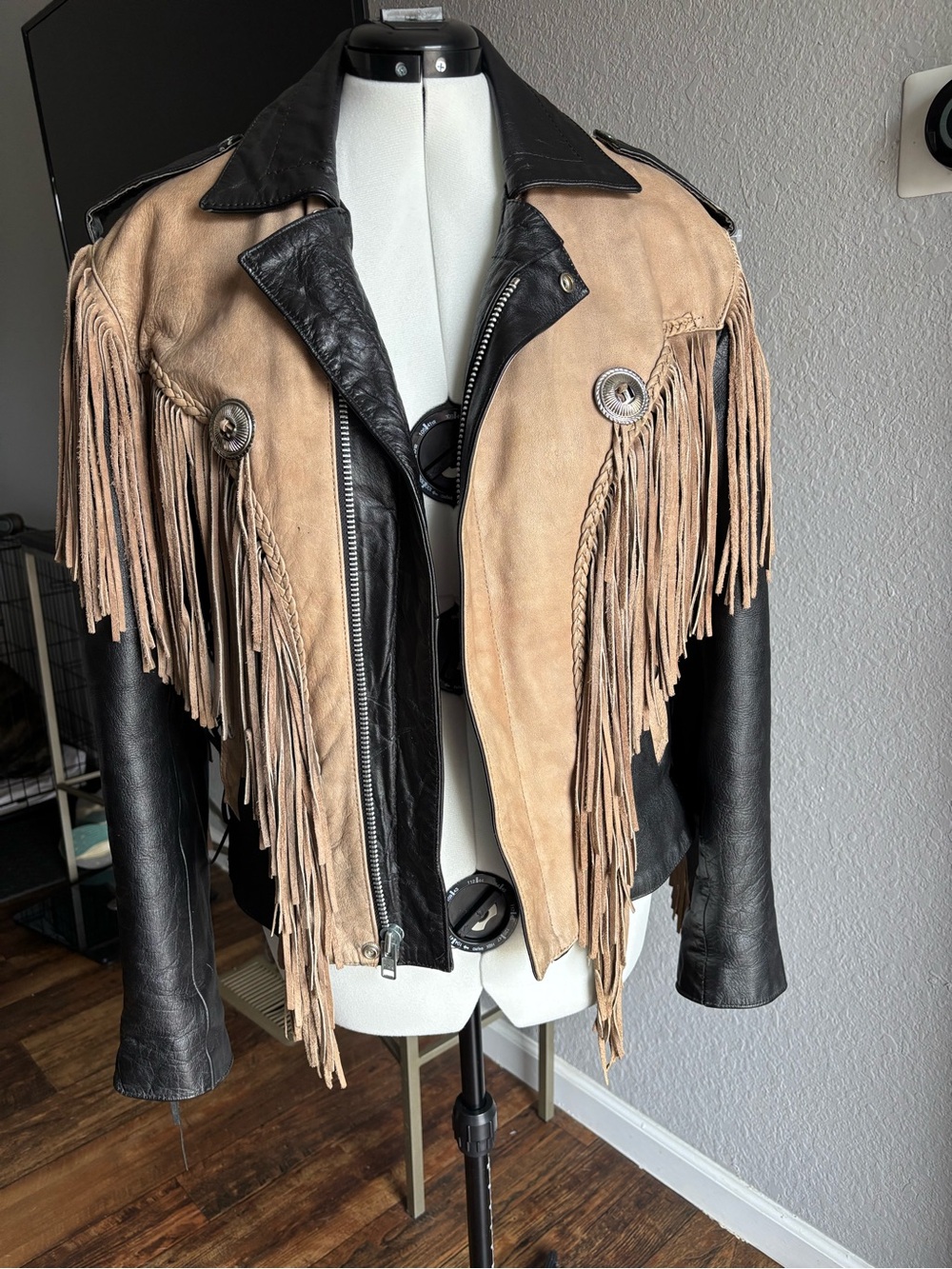 Two-Tone Fringe Leather Jacket - Black & Tan